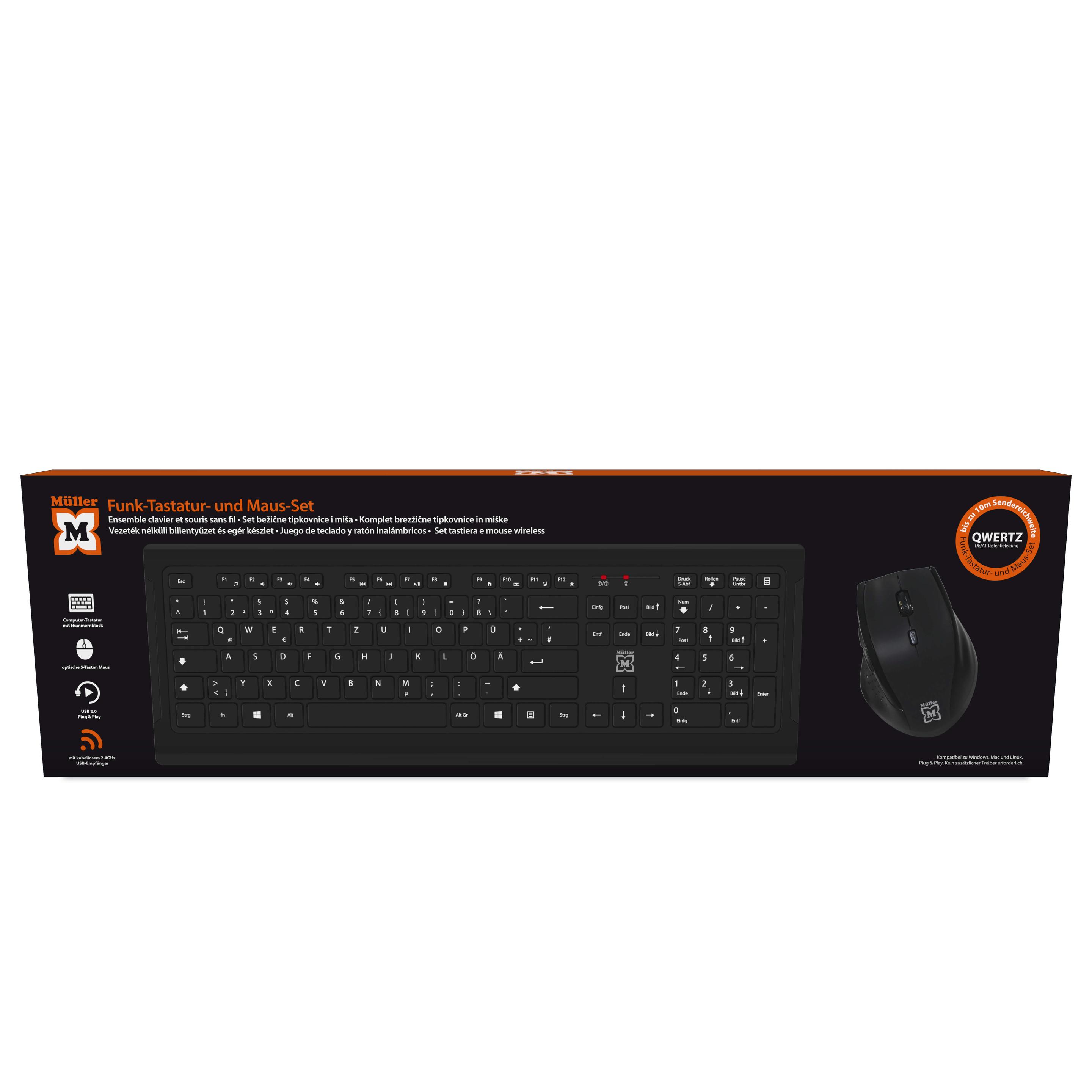 Müller Funk-Tastatur und optische 5 Tasten Funk-Maus Set, QWERTZ (DE/AT), schwarz