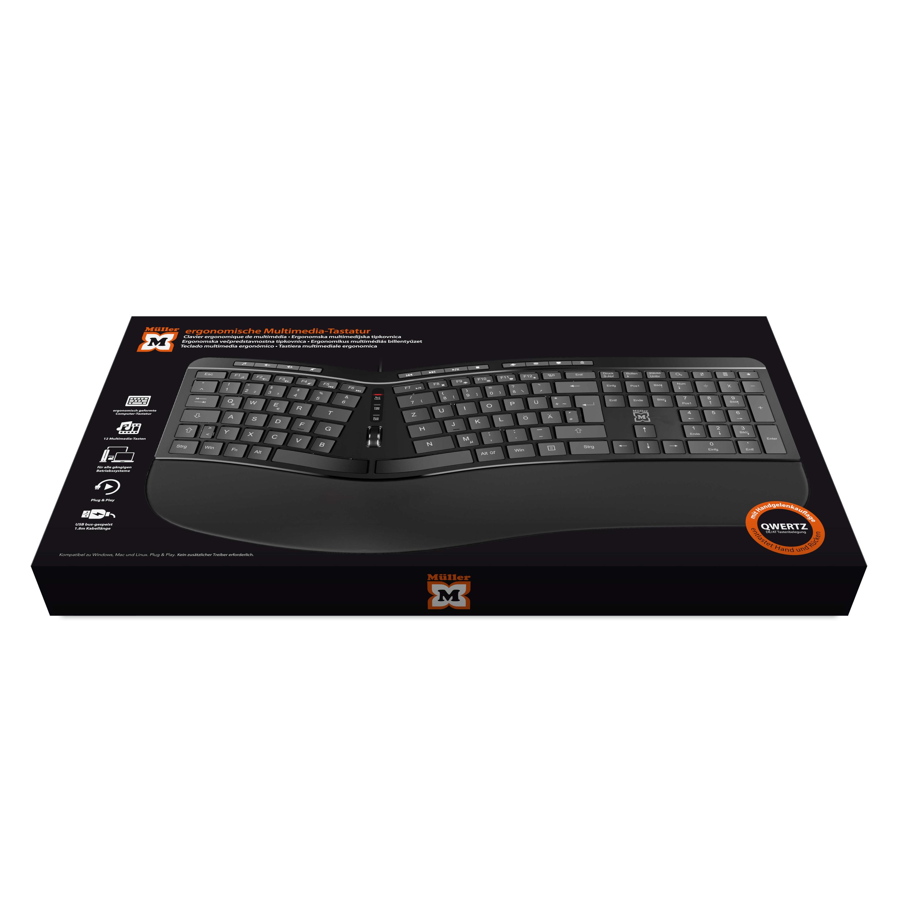 Produktbild Müller ergonomische Multimedia-Tastatur mit 124 Tasten und Scroll-Rad, QWERTZ (DE/AT), kabelgebunden, schwarz 2 von 3