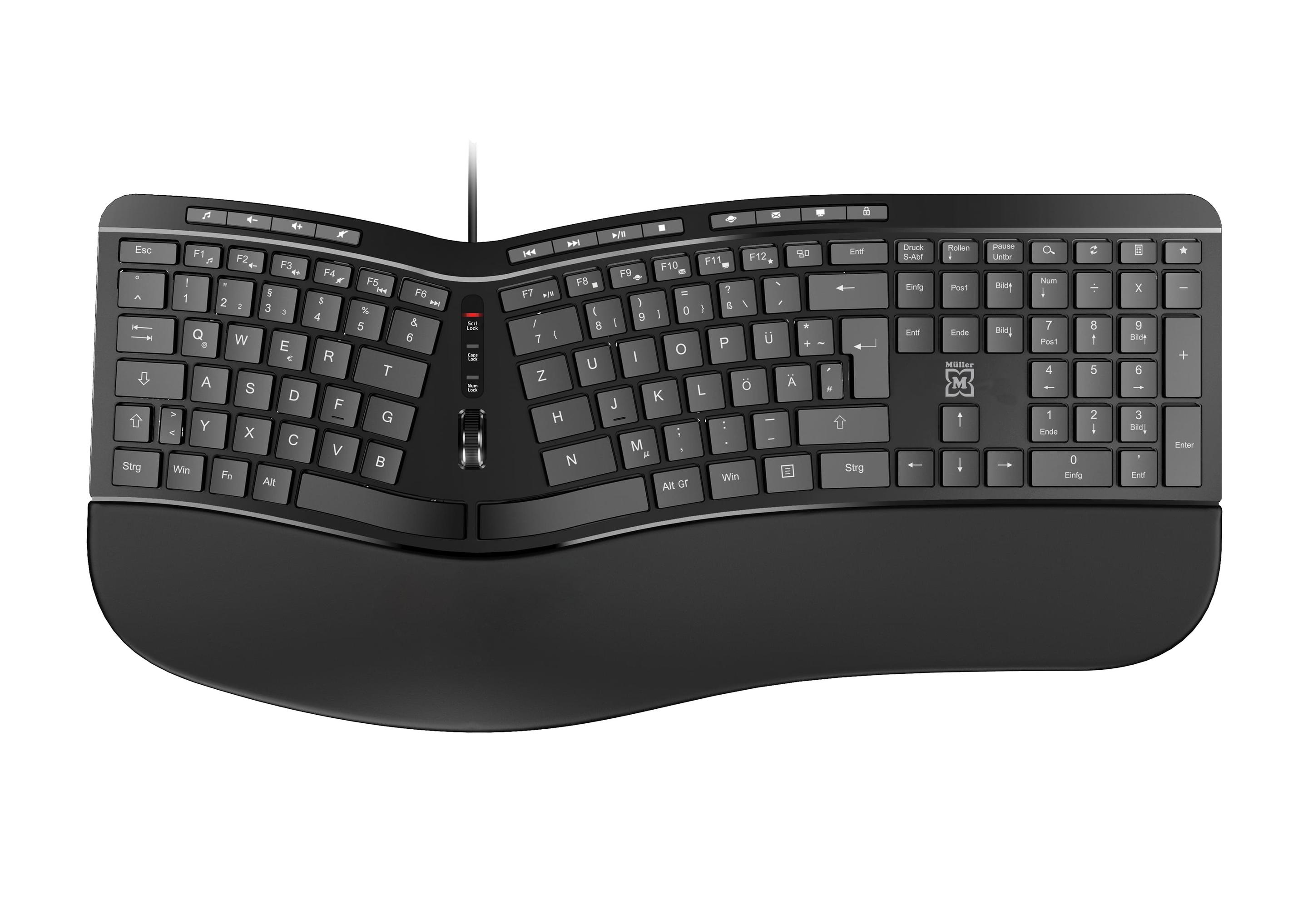 Produktbild Müller ergonomische Multimedia-Tastatur mit 124 Tasten und Scroll-Rad, QWERTZ (DE/AT), kabelgebunden, schwarz 3 von 3