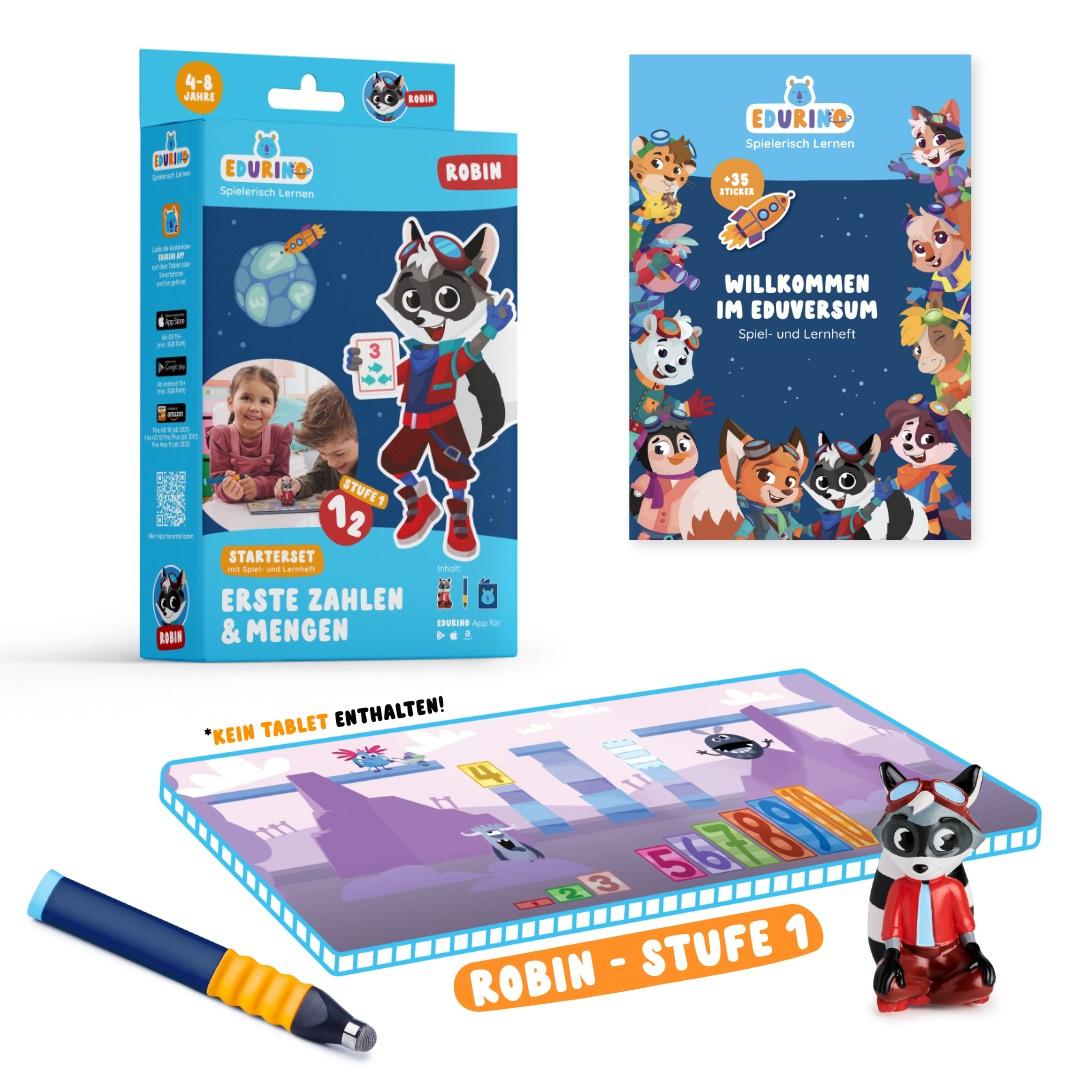 EDURINO Starterset Robin"Zahlen&Mengen ab 4"EXKLUSIV (inkl. Spiel- und Lernheft + dunkelblauer Stift)