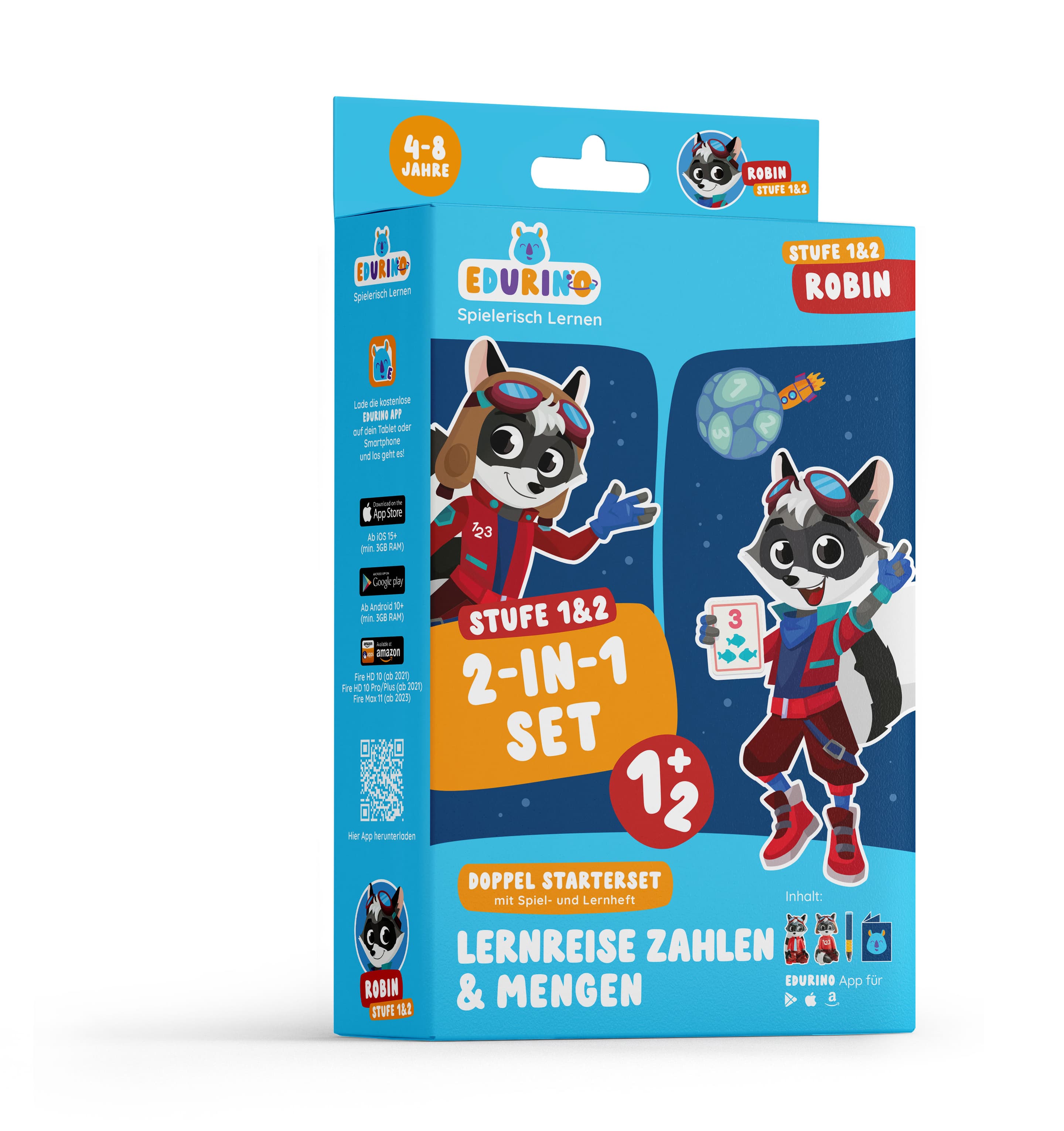 EDURINO Doppel Starterset Robin Lernreise Zahlen & Mengen, Stufe 1 & 2 EXKLUSIV (inkl. Spiel- und Lernheft + dunkelblauer Stift)