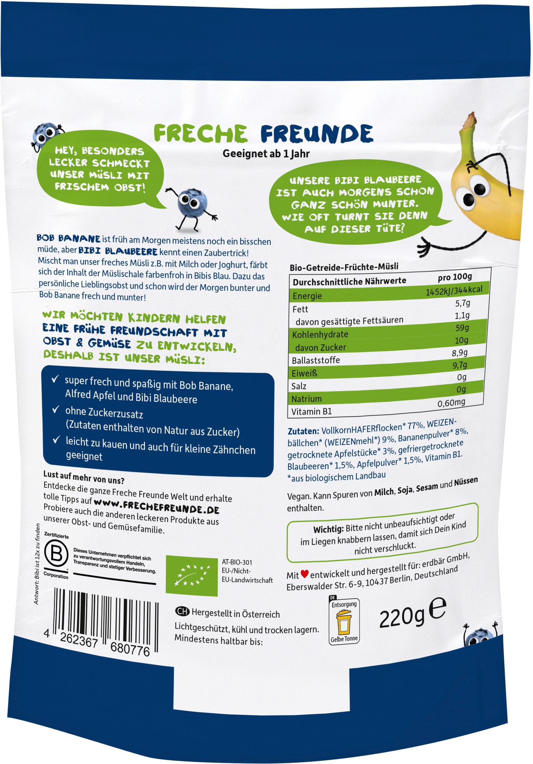 Produktbild Freche Freunde Bio Freches Müsli Banane, Apfel&Blaubeere 2 von 9