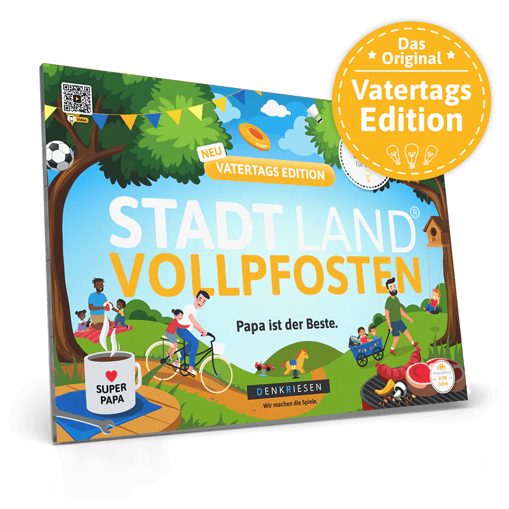 Denkriesen - Stadt Land Vollpfosten® Vatertags Edition – Spielblock Partyspiel für Männer & Freunde, lustiges Wortspiel