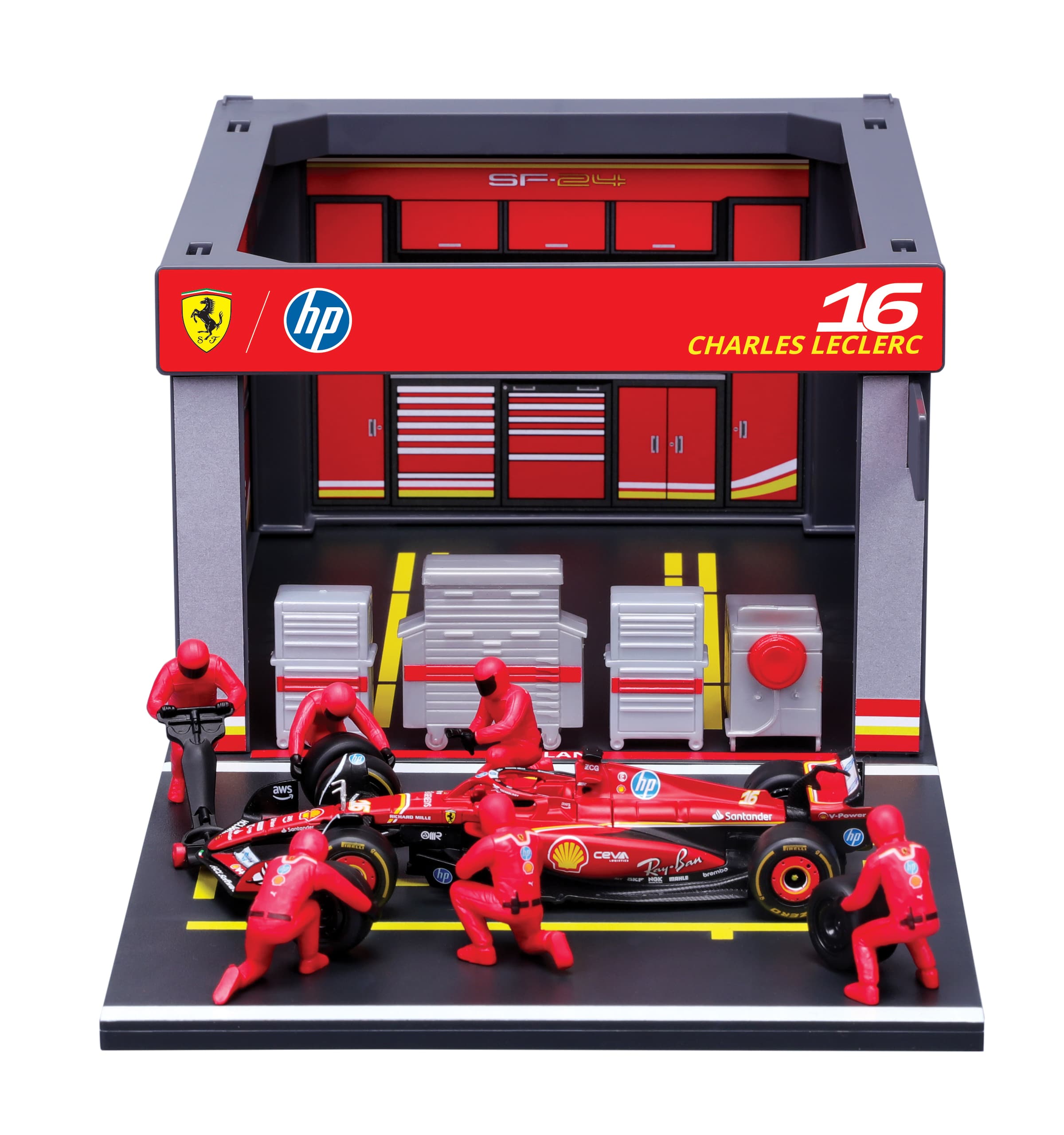 Bburago - 1:43 F1 Ferrari SF-24 Pit Pass #16 Leclerc, Windowbox