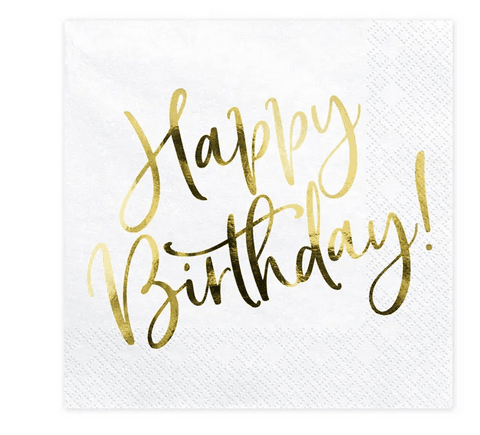 PartyDeco Happy Birthday Servietten, weiß-gold, 33 x 33 cm, 20 Stück