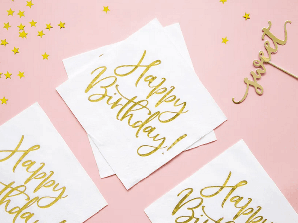 PartyDeco Happy Birthday Servietten, weiß-gold, 33 x 33 cm, 20 Stück