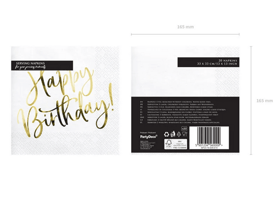 PartyDeco Happy Birthday Servietten, weiß-gold, 33 x 33 cm, 20 Stück