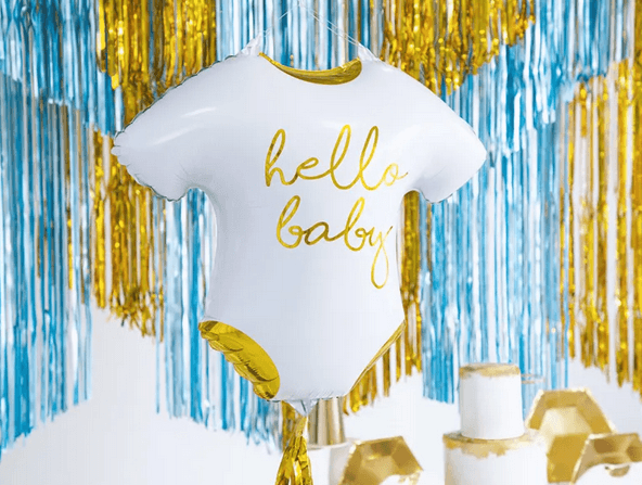 Folienballon Babybody Hello Baby, weiß-gold, 51 x 45 cm
