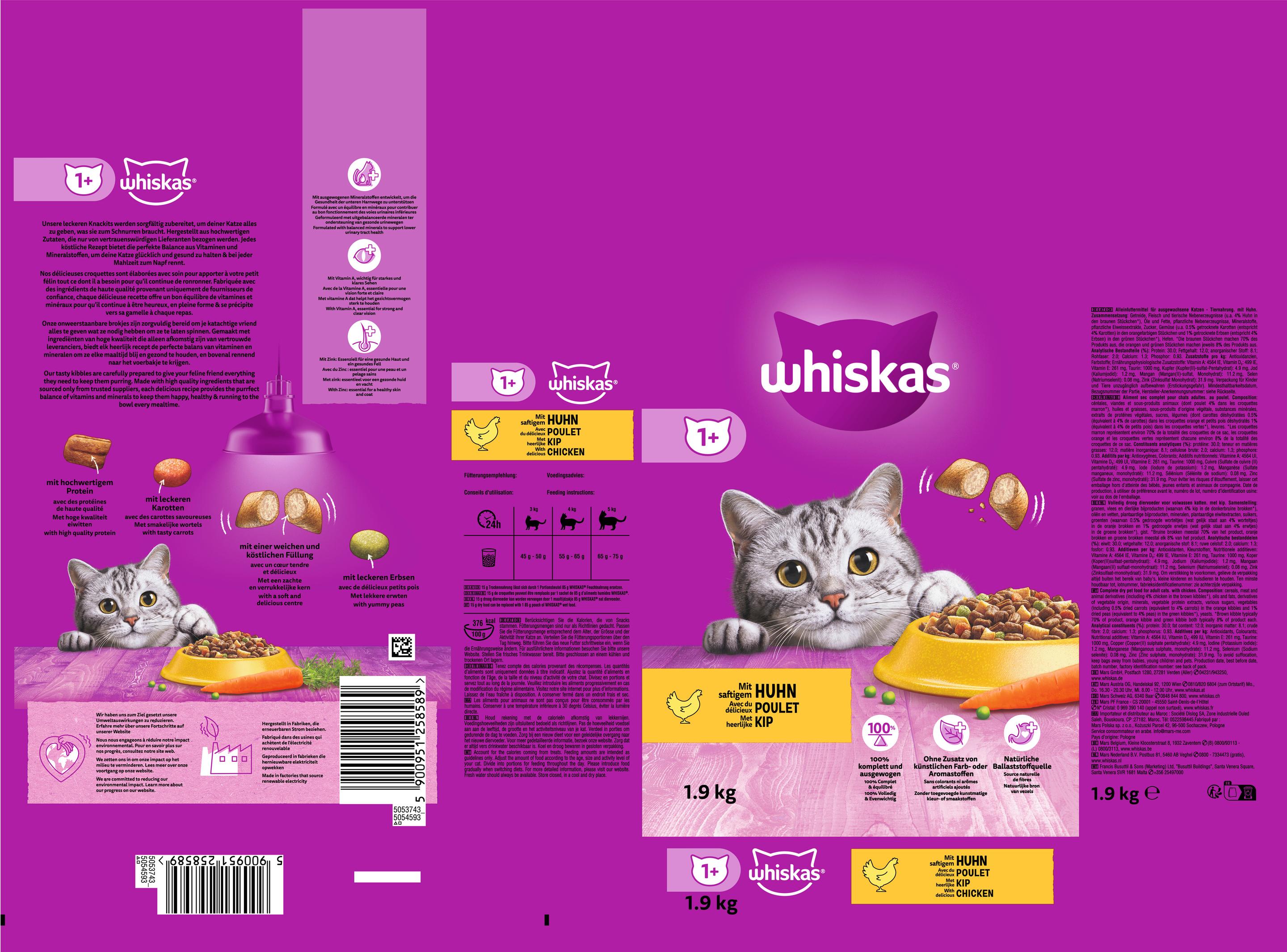 Produktbild WHISKAS® Beutel Trocken Adult 1+ mit Huhn 1,9kg 2 von 3