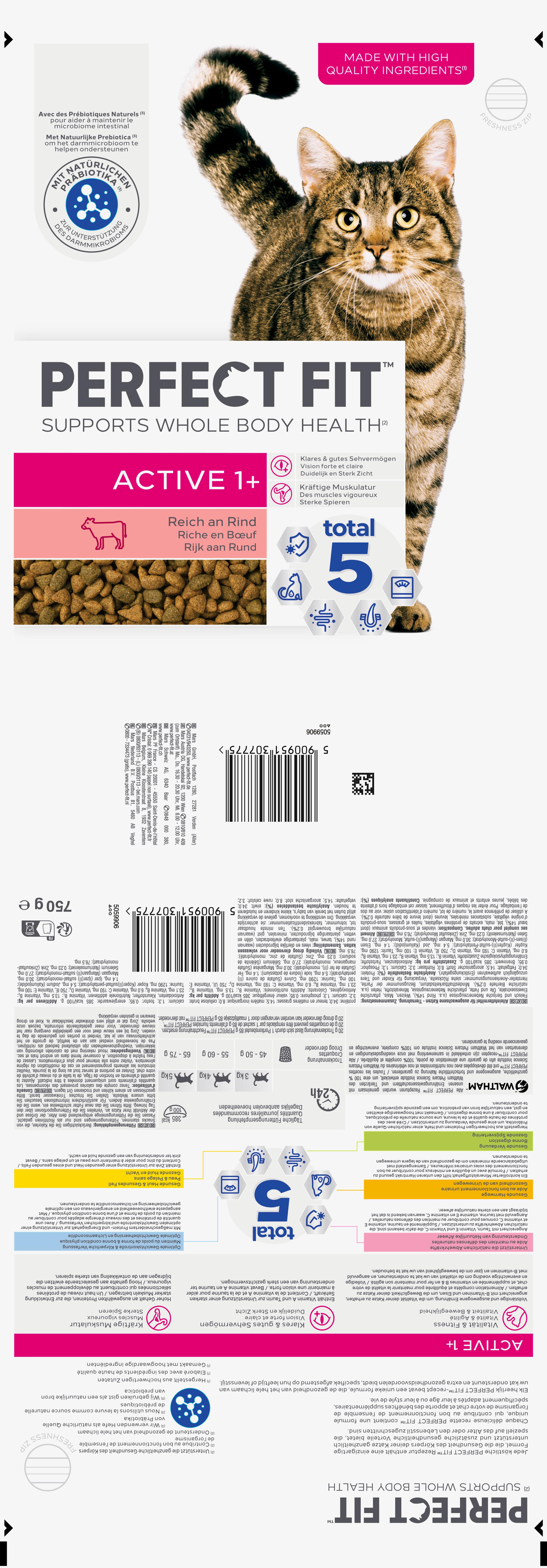 Produktbild PERFECT FIT™ Katzentrockenfutter Beutel Active 1+ mit Rind 3 von 3