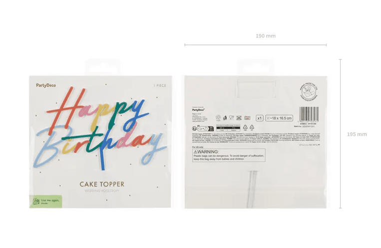 PartyDeco Happy Birthday Tortenstecker, Acryl, Multicolor, 18 x 16,5 cm