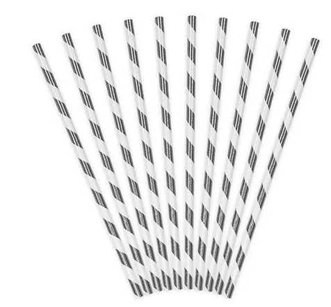 PartyDeco Papierstrohhalme, silber-weiß gestreift, 19,5 cm, 10 Stück