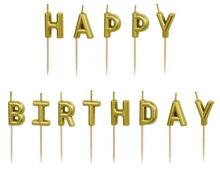 Geburtstagskerzen Happy Birthday, 2.5 cm, Gold, 13 Stk.
