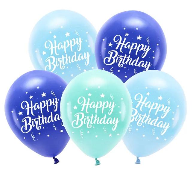 Öko-Ballons 26 cm, Happy Birthday, Blau, 5 Stk.