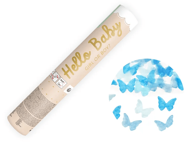 PartyDeco Gender-Reveal-Konfettikanone, blaue Schmetterlinge, 20 cm