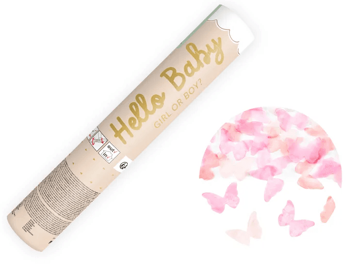 PartyDeco Gender-Reveal-Konfettikanone, rosa Schmetterlinge, 20 cm