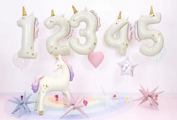 Folienballon Zahl 1 Einhorn, creme-holografisch, 93 cm