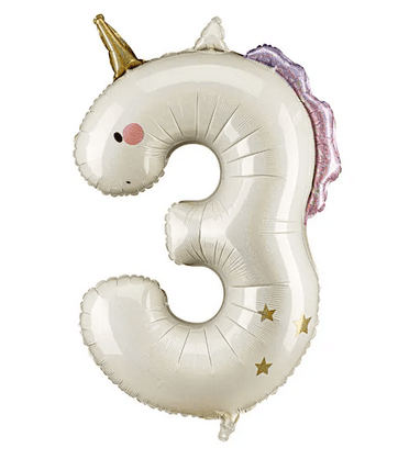 Folienballon Zahl 3 Einhorn, creme-holografisch, 93 cm