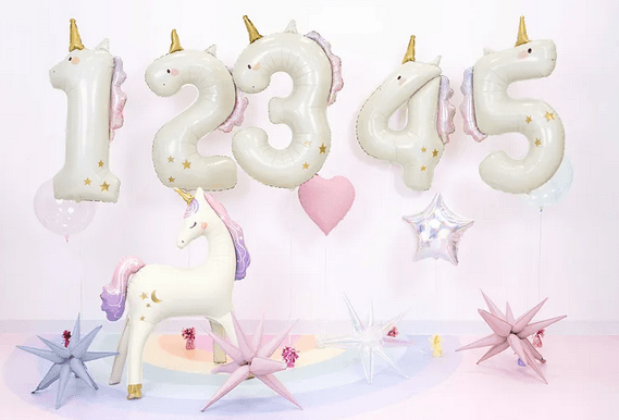 Folienballon Zahl 3 Einhorn, creme-holografisch, 93 cm