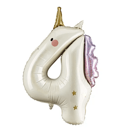 Folienballon Zahl 4 Einhorn, creme-holografisch, 93 cm