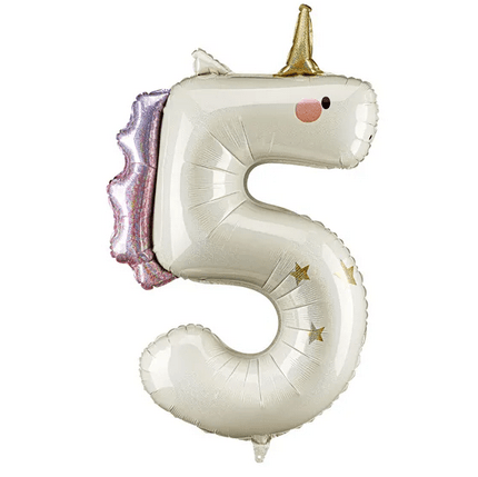 Folienballon Zahl 5 Einhorn, creme-holografisch, 93 cm