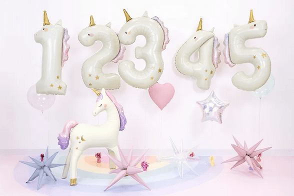 Folienballon Zahl 5 Einhorn, creme-holografisch, 93 cm