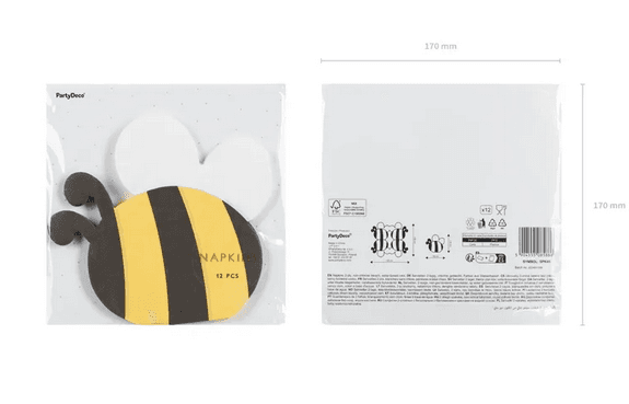 PartyDeco Bienen-Servietten, gelb-weiß-schwarz, 16 x 15 cm, 12 Stück