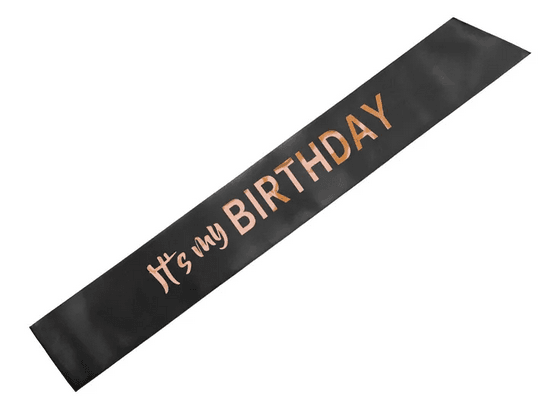 PartyDeco Geburtstagsschärpe „It’s my birthday“, schwarz-roségold, 79 cm