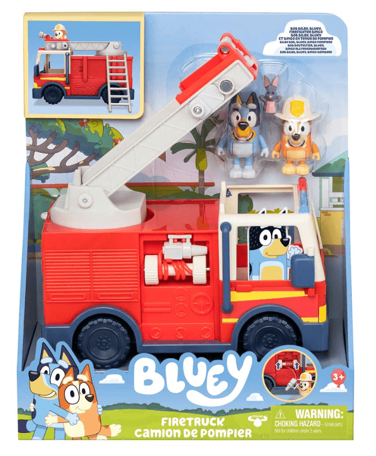 BLUEY Feuerwehr mit Bingo & Bluey Figuren, ausrollbarer Schlauch & abnehmbare Leiter