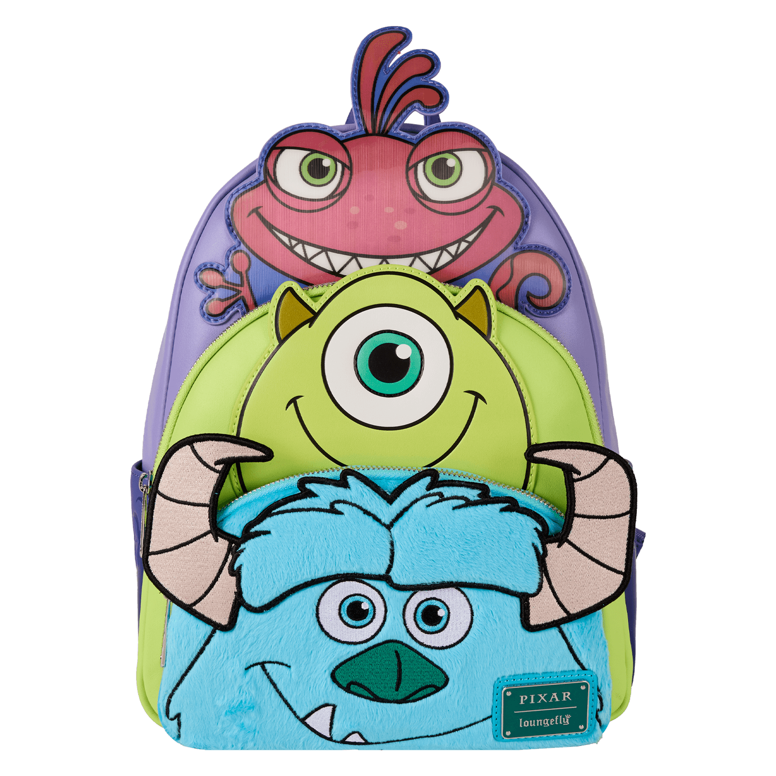 Loungefly Monsters, Inc. Sulley, Mike, & Randall Triple Pocket Mini Backpack