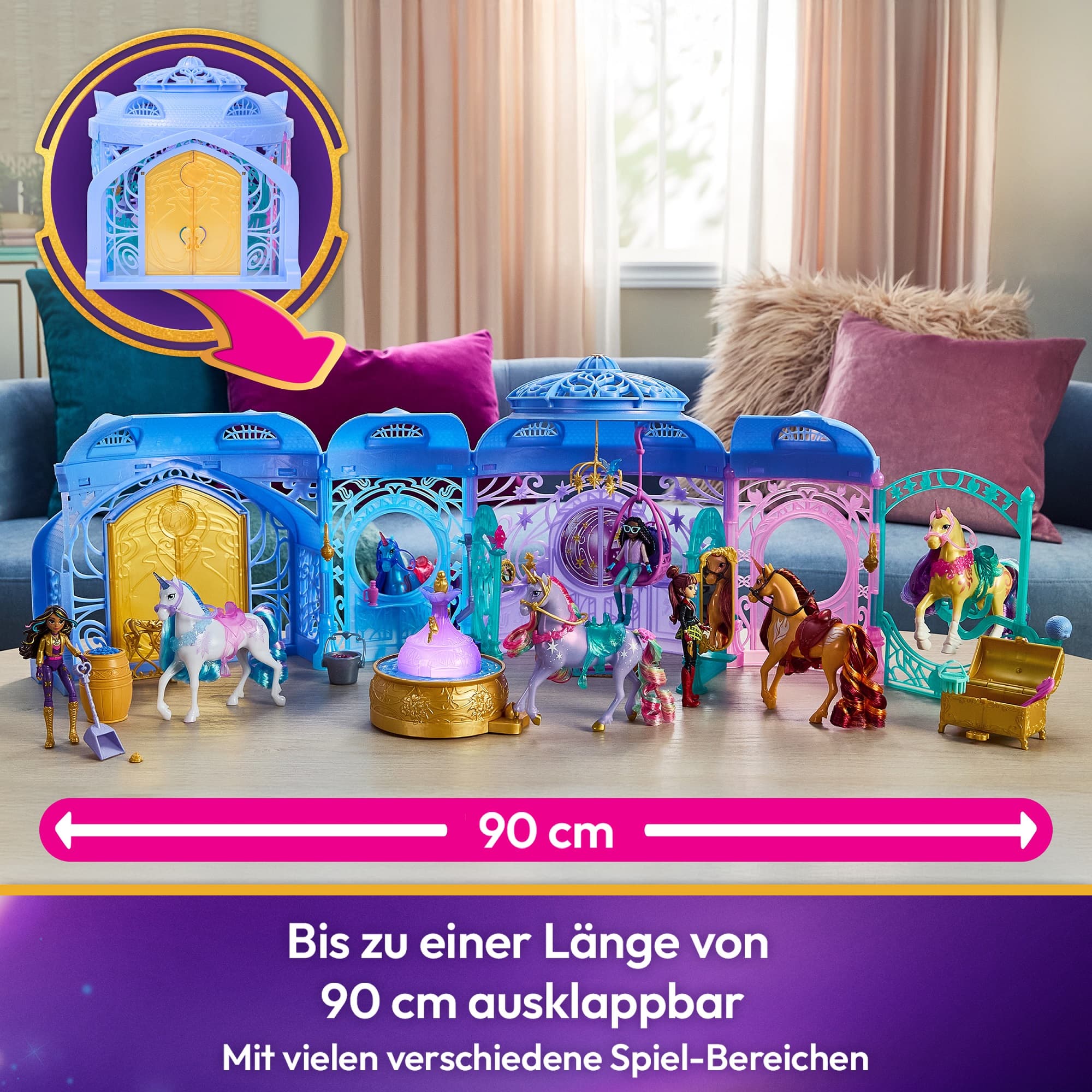 Produktbild Unicorn Academy - Stall Spielset 90 cm inkl. Brunnen mit Licht- und Soundeffekten, ca. 12 cm großem Einhorn und 24 Accessoires 3 von 8