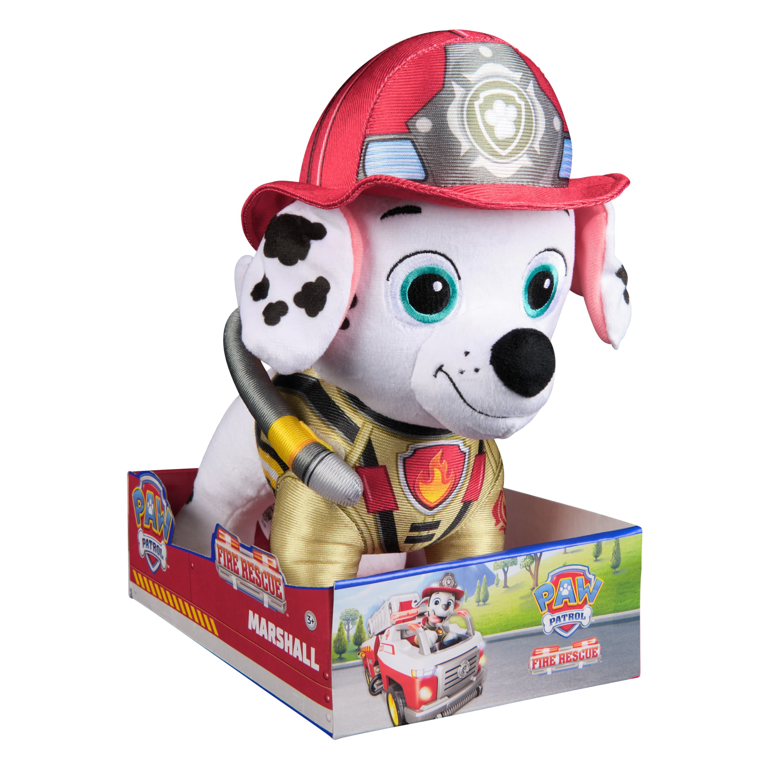 PAW Patrol Fire Rescue - Marshall Deluxe Plüschtier, 25 cm groß, in Feuerwehruniform und mit Löschrucksack