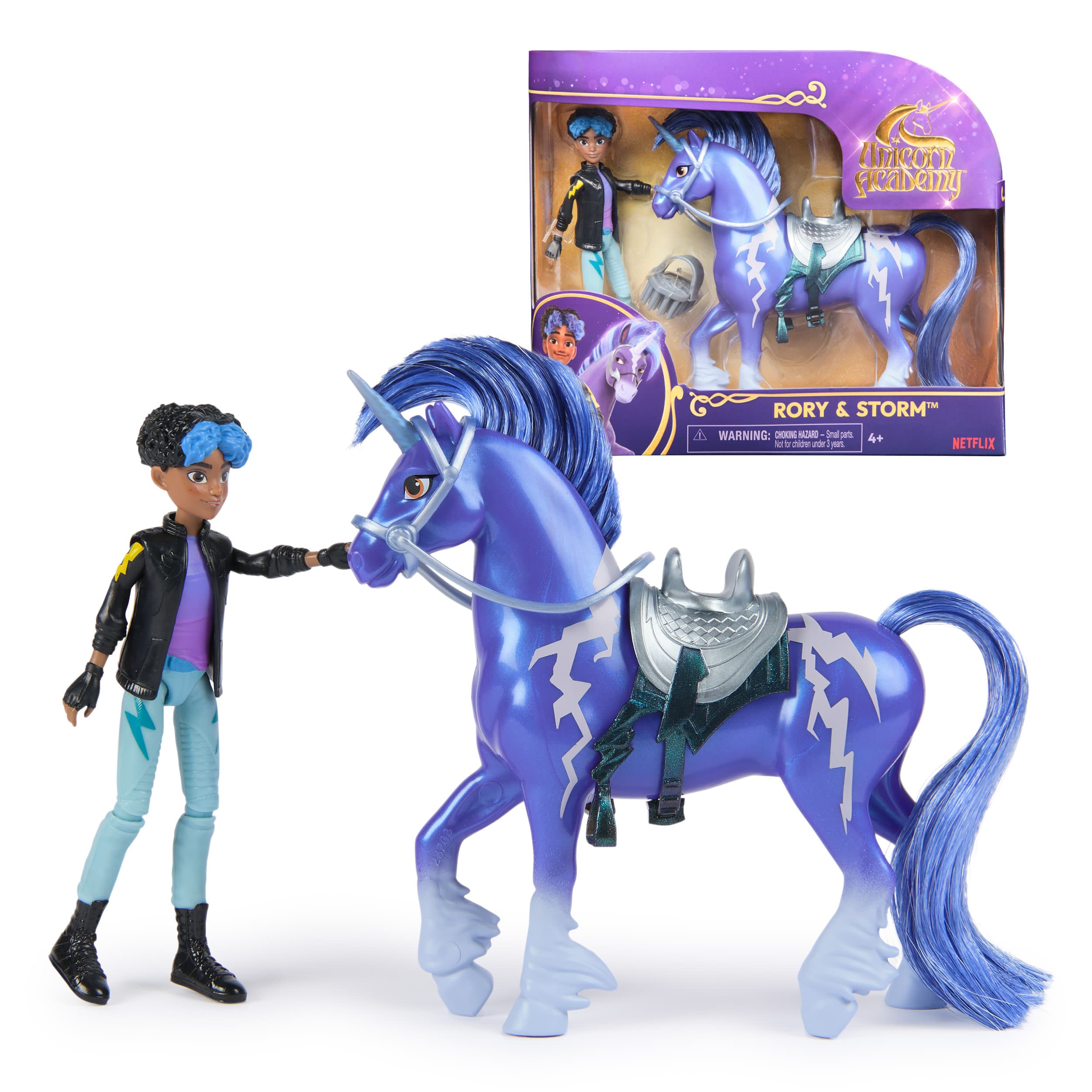 Unicorn Academy Set - Rory und Einhorn Storm mit echter Mähne und Schweif sowie Bürste, ca. 12 cm große Originalfiguren zur beliebten Netflix Serie