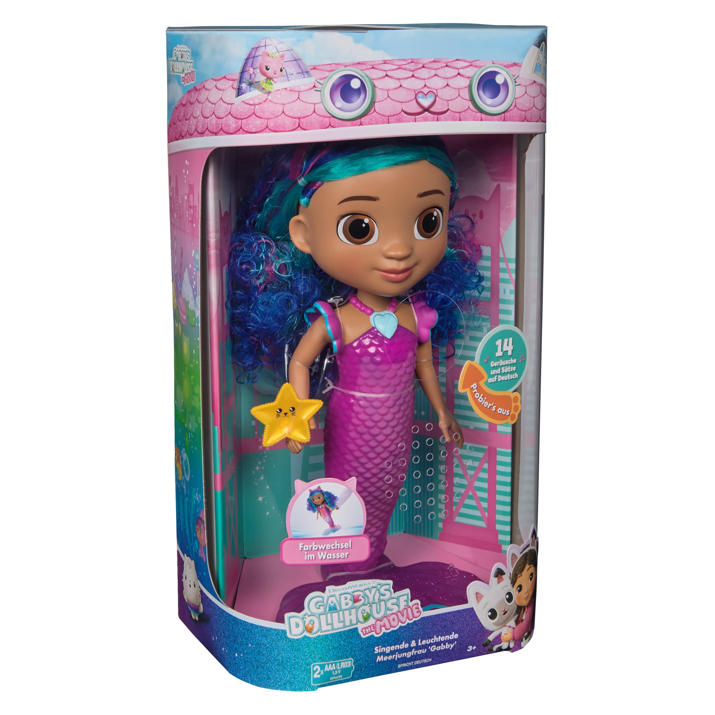 Produktbild Gabby’s Dollhouse: Der Film – Sing & Shine Meerjungfrau Gabby, 30cm große Wasserspielpuppe mit Licht- & Soundeffekten, spricht Deutsch 6 von 6