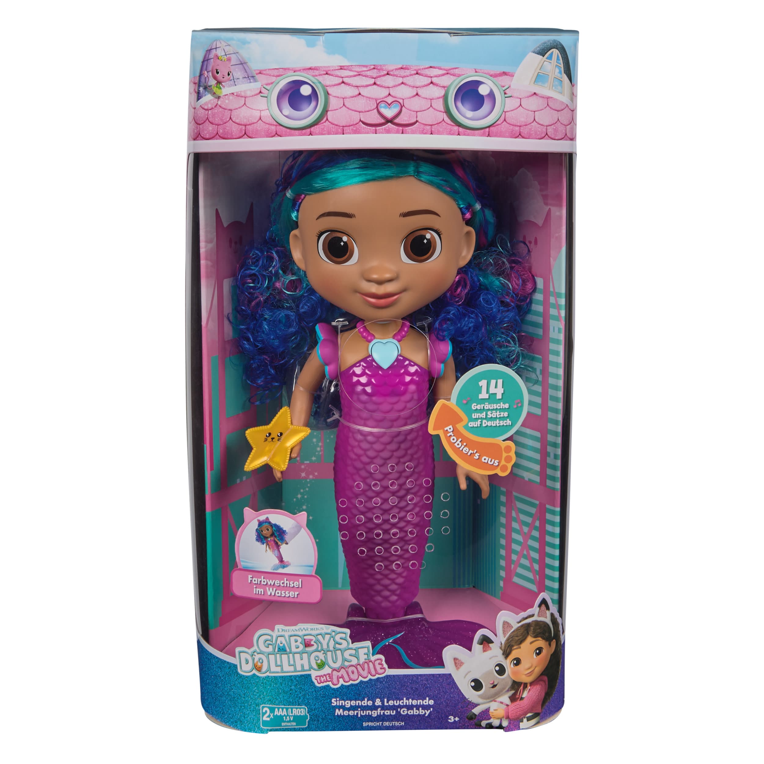 Produktbild Gabby’s Dollhouse: Der Film – Sing & Shine Meerjungfrau Gabby, 30cm große Wasserspielpuppe mit Licht- & Soundeffekten, spricht Deutsch 2 von 6