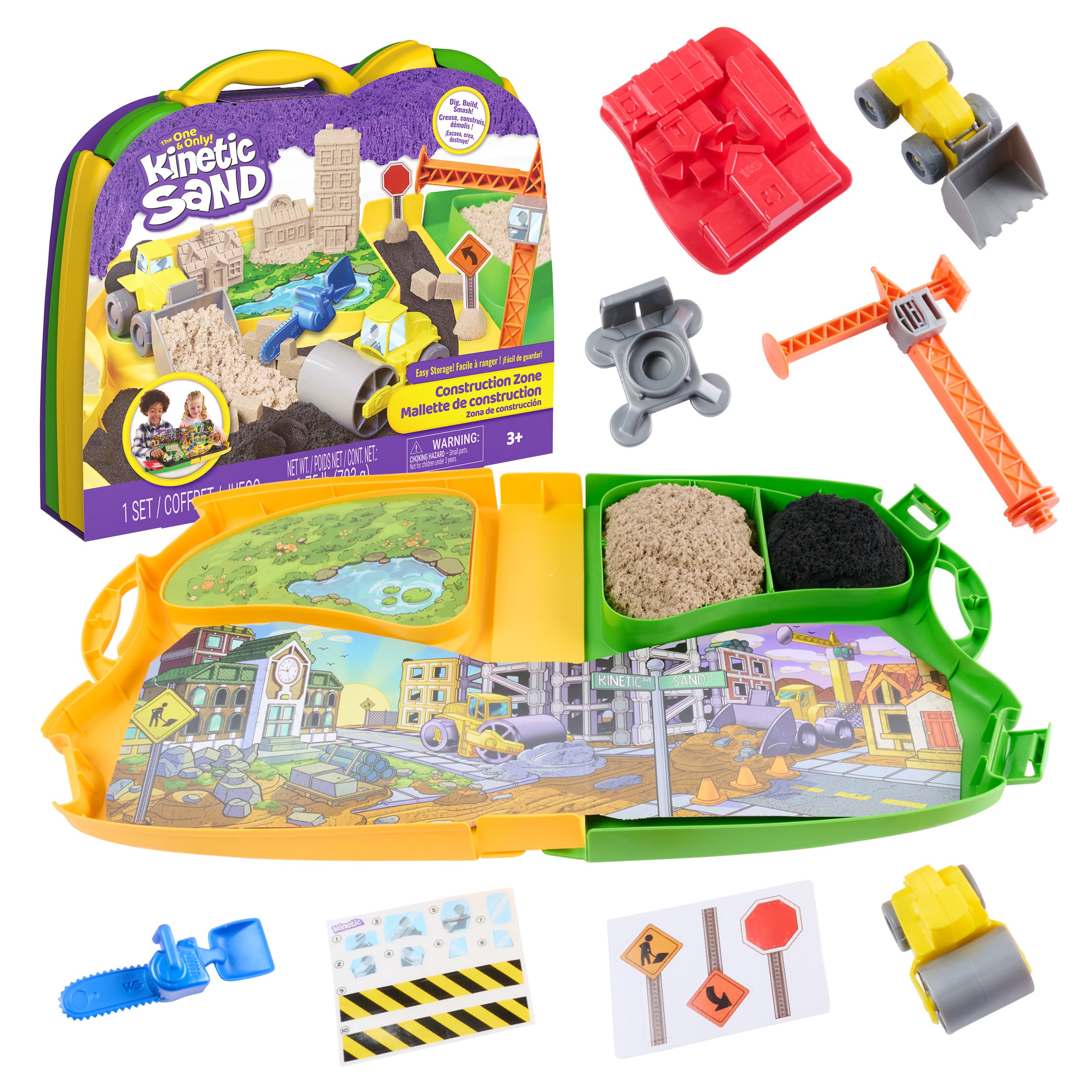 Kinetic Sand Deluxe Baustellen-Koffer mit 794 g Sand, Fahrzeugen und Zubehör