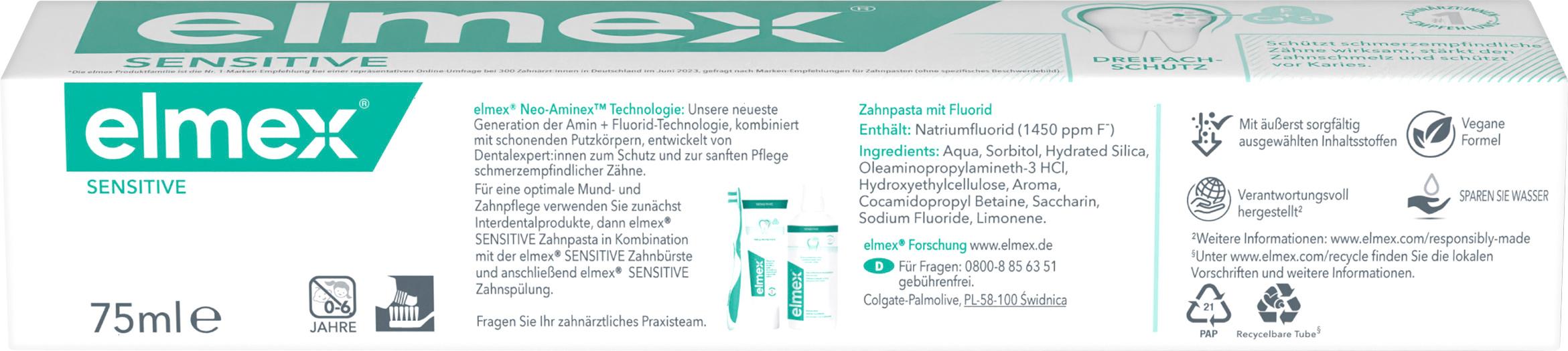 Produktbild elmex Zahnpasta Sensitive – sanfte Zahnreinigung und Schutz für schmerzempfindliche Zähne – für starke Zähne und gegen Karies 3 von 12