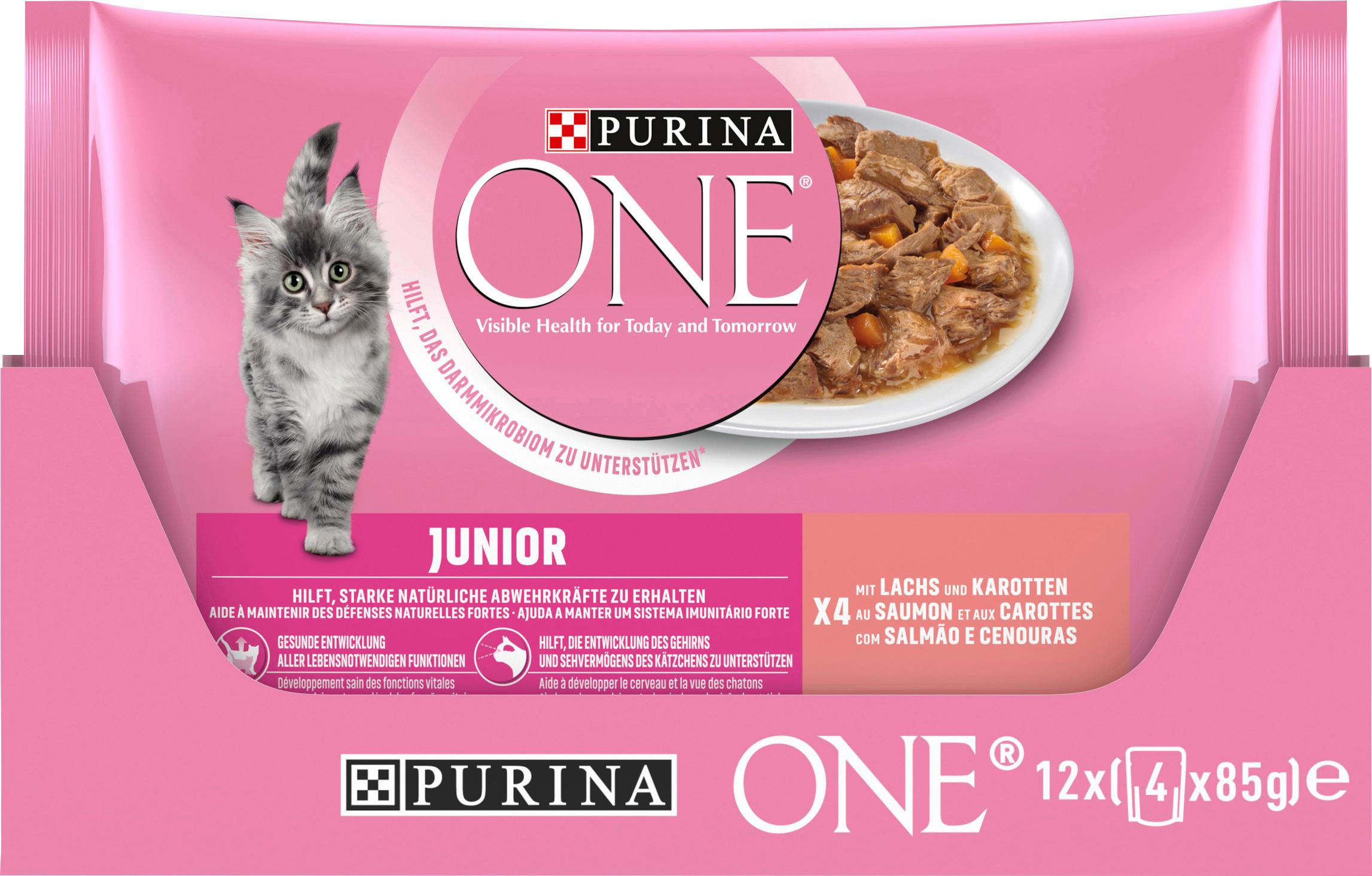 PURINA ONE Junior Zarte Stückchen in Sauce mit Lachs und Karotten Katzennassfutter 4x85g Portionsbeutel