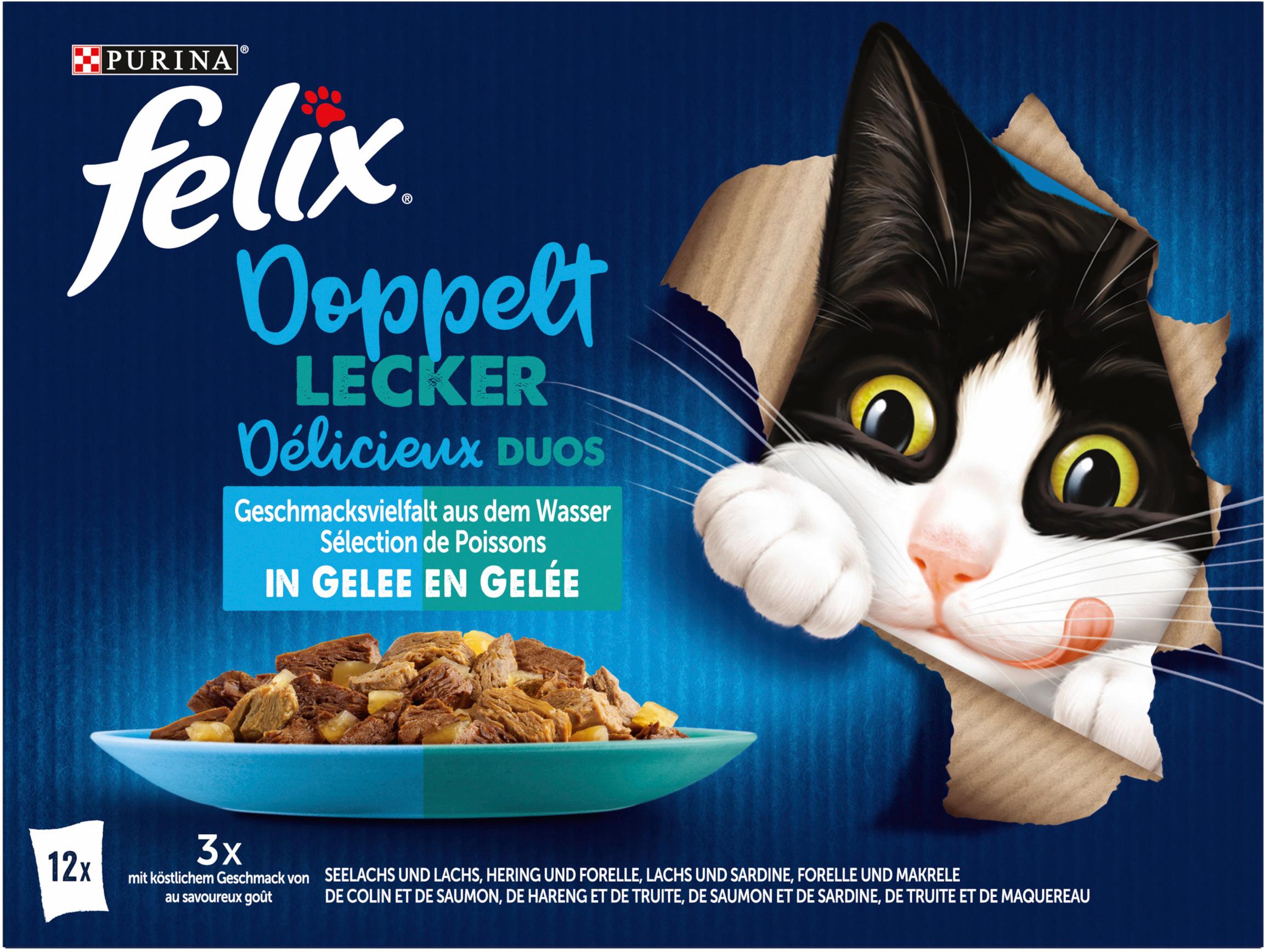 PURINA FELIX Katzennassfutter So gut wie es aussieht Doppelt Lecker in Gelee Geschmacksvielfalt aus dem Wasser