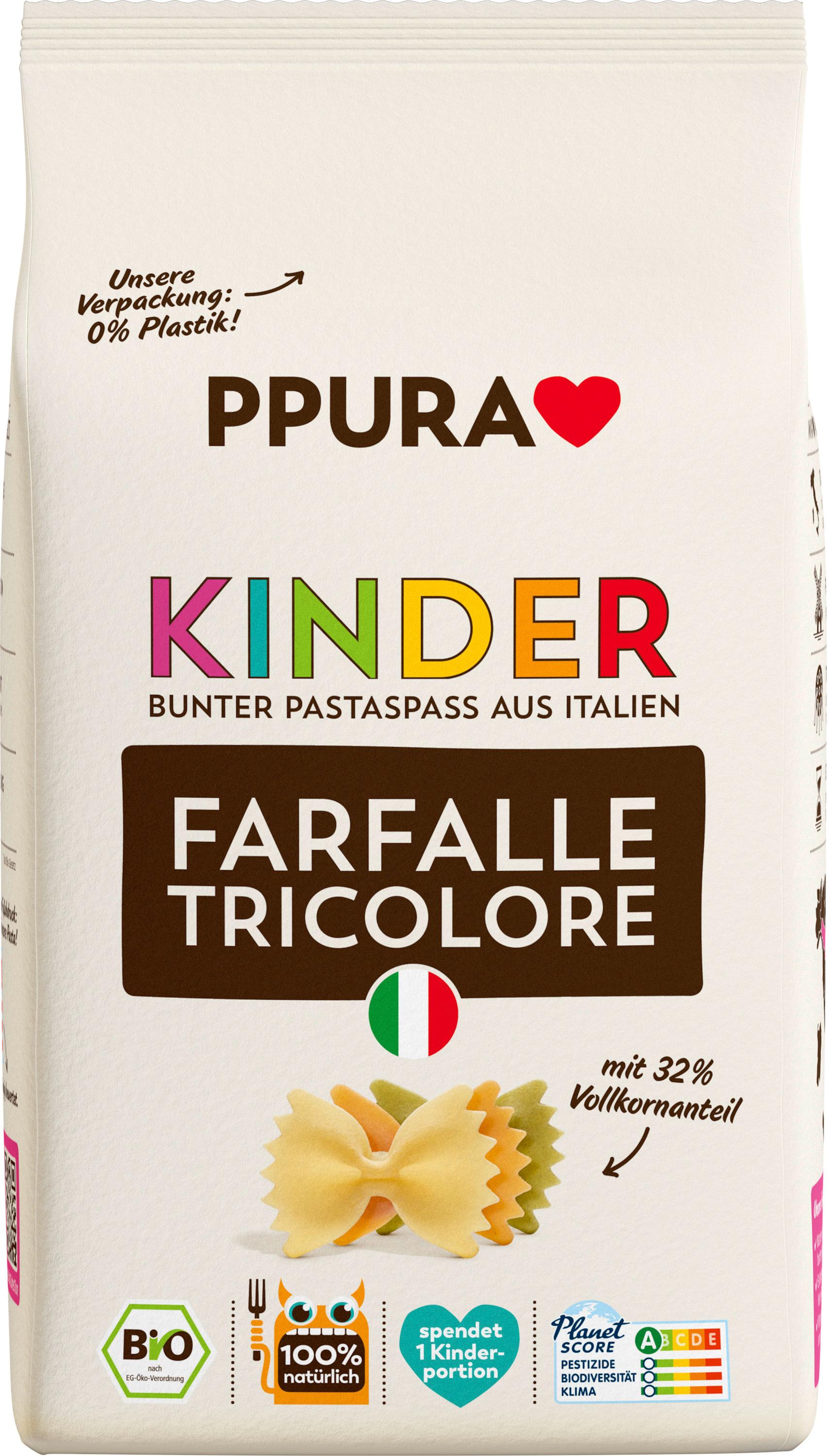 PPURA Bio Nudeln für Kinder Farfalle Tricolore, 100% natürlich