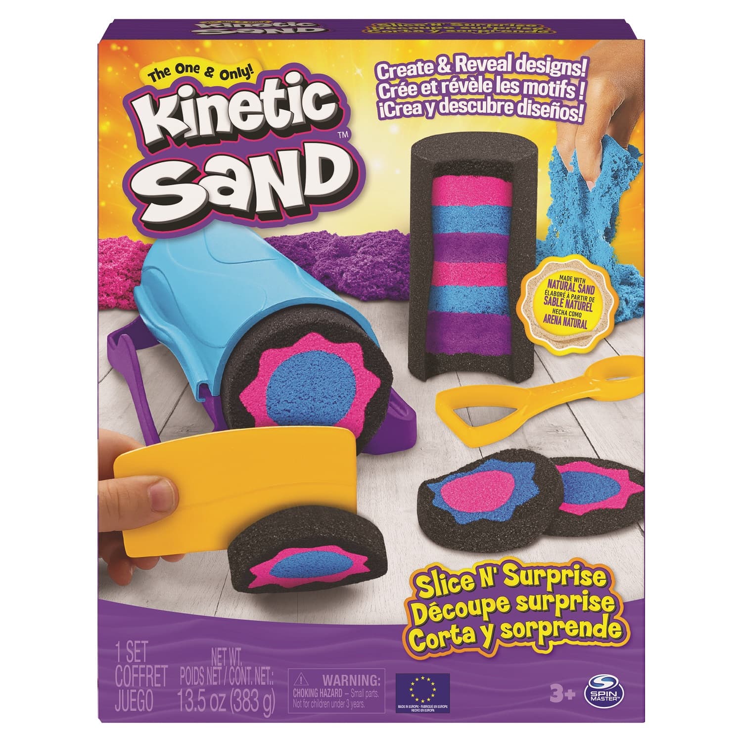 Spin Master - Kinetic Sand Slice n Surprise Set - mit 3 Sandfarben und 7 Werkzeugen für tolle Muster