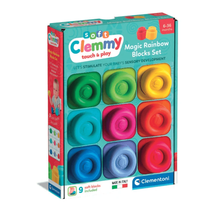 Clementoni - Clemmy Regenbogen Bausteine – 9 weiche Baby Bauklötze für sensorisches Spielen
