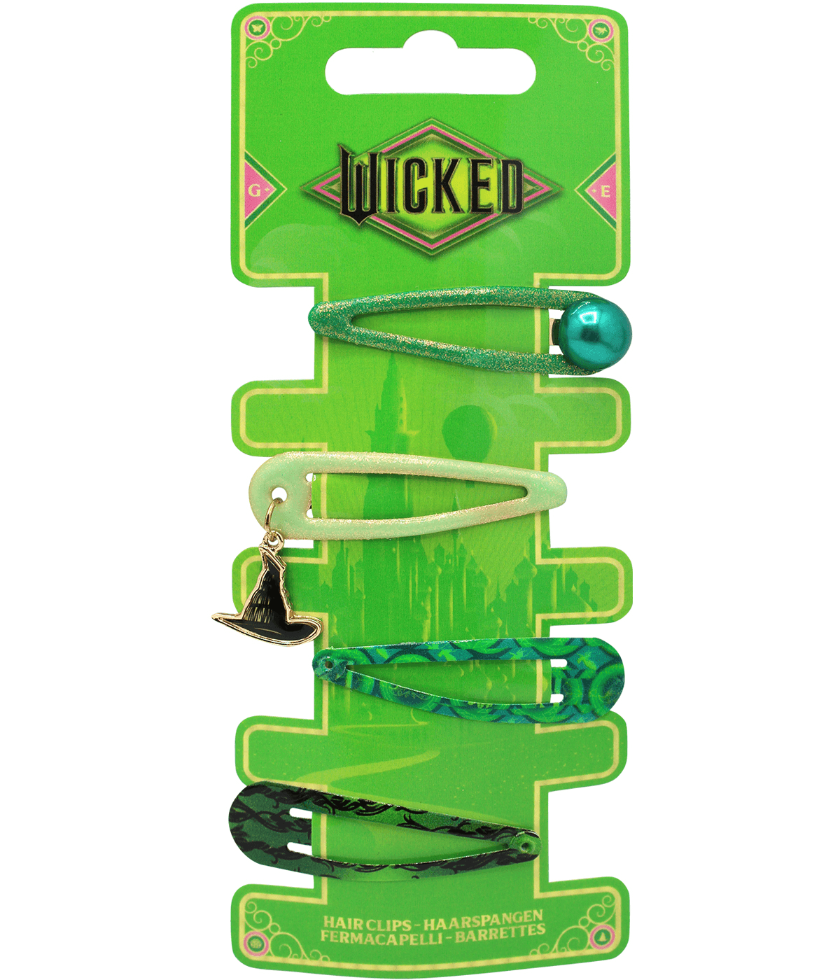 Wicked Elphaba Haarspangen – 4er Set auf Backercard, stylische Haarclips für Fans