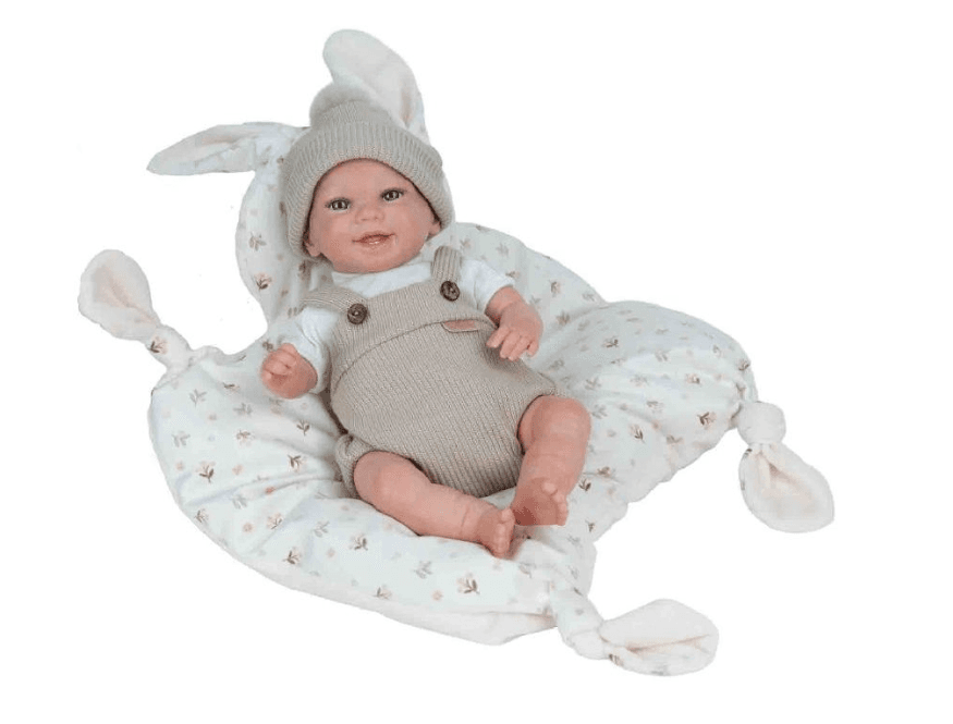 Reborn Arias Mateo 35 cm in Beige mit Kissen – realistische Babypuppe inkl. Zubehör