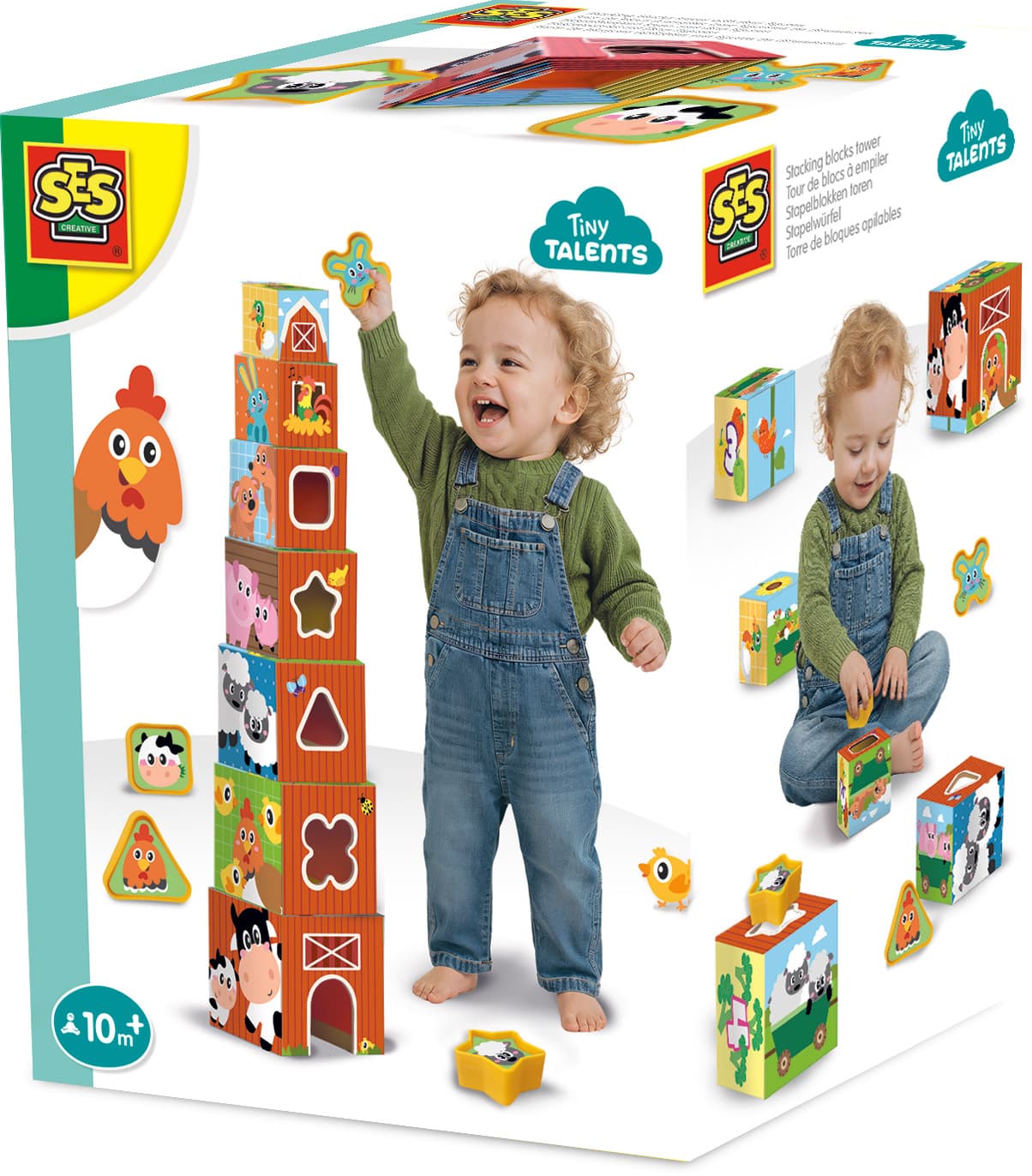 SES Creative - Stapelwürfel und Formensortierer 2 in 1 - Bauernhoftiere