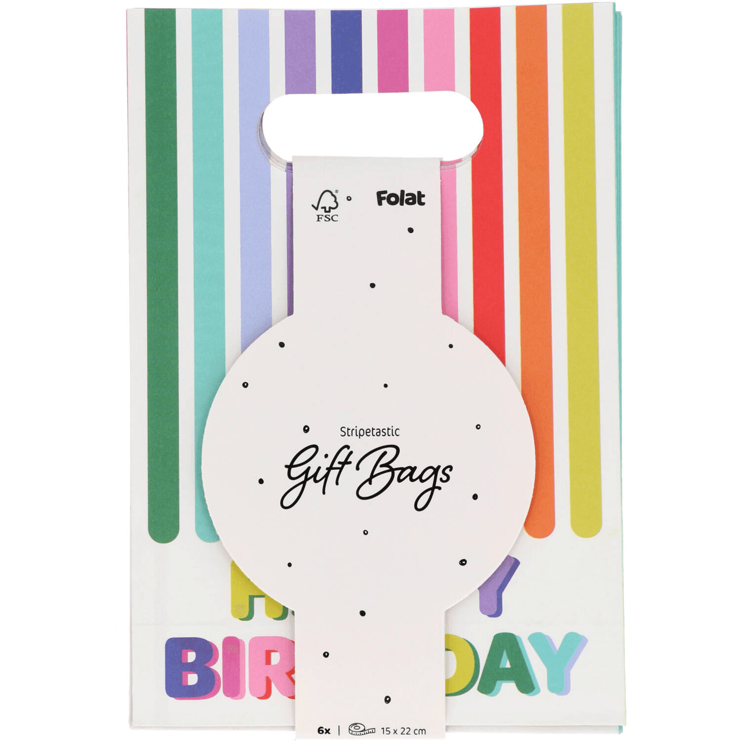Folat Stripetastic Geschenktüten Happy Birthday 6 Stück, bunt, 15 x 22 x 6 cm