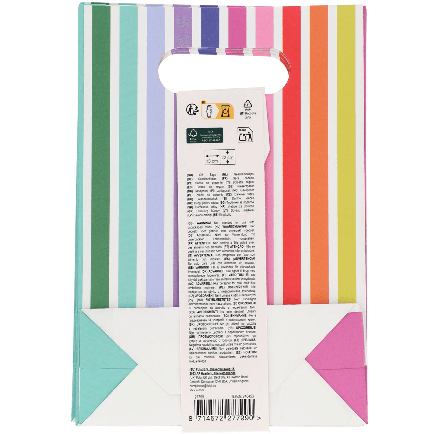 Folat Stripetastic Geschenktüten Happy Birthday 6 Stück, bunt, 15 x 22 x 6 cm