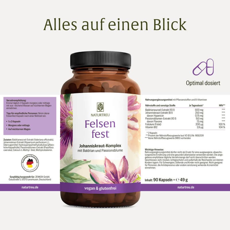 NATURTREU Felsenfest Passionsblume, Baldrian & Johanniskraut-Komplex 90 Kapseln