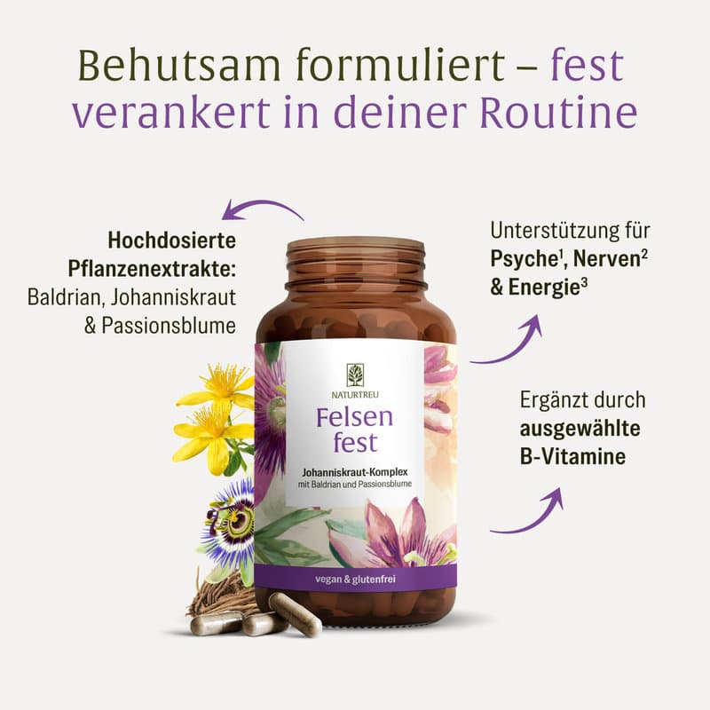 NATURTREU Felsenfest Passionsblume, Baldrian & Johanniskraut-Komplex 90 Kapseln