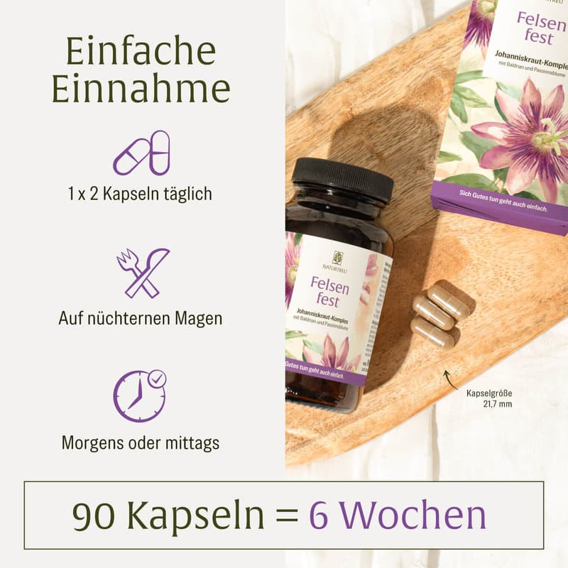 NATURTREU Felsenfest Passionsblume, Baldrian & Johanniskraut-Komplex 90 Kapseln